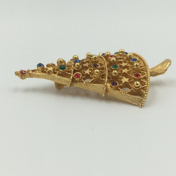 Vintage J.J. Jonette Christmas Tree BROOCH Pin, OPEN WORK, Stars, Rhinestones - Picture 3 of 4